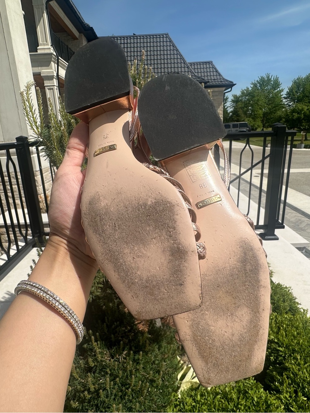 Gucci Metallic Rose Gold Nappa Braided Horsebit Ketty Block Heel Sandals (38) - Picture 5 of 14